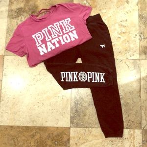 PINK T-shirt & crop Sweats Set. Size Small